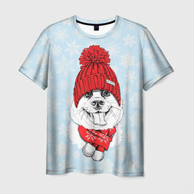 Мужская футболка 3D с принтом Собачка в шапочке в Курске, 100% полиэфир | прямой крой, круглый вырез горловины, длина до линии бедер | зима | новый год | подарок | рождество | собака
