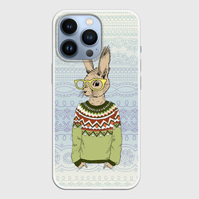 Чехол для iPhone 13 Pro с принтом Кролик хипстер в Курске,  |  | Тематика изображения на принте: зима | кролик | новый год | подарок | рождество
