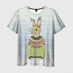 Мужская футболка 3D с принтом Кролик хипстер в Курске, 100% полиэфир | прямой крой, круглый вырез горловины, длина до линии бедер | Тематика изображения на принте: зима | кролик | новый год | подарок | рождество