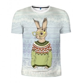 Мужская футболка 3D спортивная с принтом Кролик хипстер в Курске, 100% полиэстер с улучшенными характеристиками | приталенный силуэт, круглая горловина, широкие плечи, сужается к линии бедра | зима | кролик | новый год | подарок | рождество