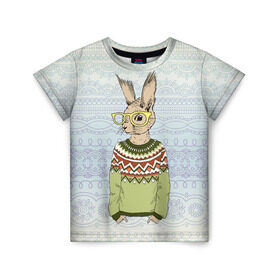 Детская футболка 3D с принтом Кролик хипстер в Курске, 100% гипоаллергенный полиэфир | прямой крой, круглый вырез горловины, длина до линии бедер, чуть спущенное плечо, ткань немного тянется | зима | кролик | новый год | подарок | рождество