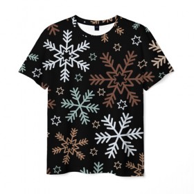 Мужская футболка 3D с принтом Чудные снежинки в Курске, 100% полиэфир | прямой крой, круглый вырез горловины, длина до линии бедер | Тематика изображения на принте: год | елка | зима | новый | праздник | символ | снег | узор