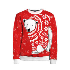 Детский свитшот 3D с принтом Белый медведь в свитере в Курске, 100% полиэстер | свободная посадка, прямой крой, мягкая тканевая резинка на рукавах и понизу свитшота | red | snow | snowflakes | stars | sweater | white bear | winter | белый медведь | звезды | зима | красный | снег | снежинки