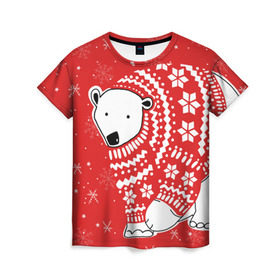 Женская футболка 3D с принтом Белый медведь в свитере в Курске, 100% полиэфир ( синтетическое хлопкоподобное полотно) | прямой крой, круглый вырез горловины, длина до линии бедер | red | snow | snowflakes | stars | sweater | white bear | winter | белый медведь | звезды | зима | красный | снег | снежинки