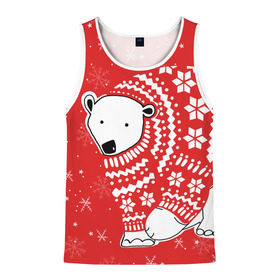 Мужская майка 3D с принтом Белый медведь в свитере в Курске, 100% полиэстер | круглая горловина, приталенный силуэт, длина до линии бедра. Пройма и горловина окантованы тонкой бейкой | red | snow | snowflakes | stars | sweater | white bear | winter | белый медведь | звезды | зима | красный | снег | снежинки