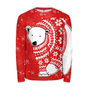 Мужской лонгслив 3D с принтом Белый медведь в свитере в Курске, 100% полиэстер | длинные рукава, круглый вырез горловины, полуприлегающий силуэт | red | snow | snowflakes | stars | sweater | white bear | winter | белый медведь | звезды | зима | красный | снег | снежинки