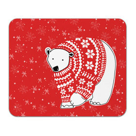 Коврик прямоугольный с принтом Белый медведь в свитере в Курске, натуральный каучук | размер 230 х 185 мм; запечатка лицевой стороны | Тематика изображения на принте: red | snow | snowflakes | stars | sweater | white bear | winter | белый медведь | звезды | зима | красный | снег | снежинки