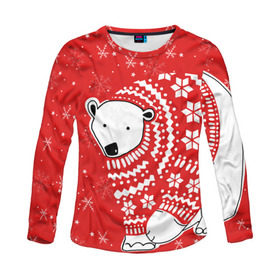 Женский лонгслив 3D с принтом Белый медведь в свитере в Курске, 100% полиэстер | длинные рукава, круглый вырез горловины, полуприлегающий силуэт | red | snow | snowflakes | stars | sweater | white bear | winter | белый медведь | звезды | зима | красный | снег | снежинки