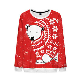 Мужской свитшот 3D с принтом Белый медведь в свитере в Курске, 100% полиэстер с мягким внутренним слоем | круглый вырез горловины, мягкая резинка на манжетах и поясе, свободная посадка по фигуре | red | snow | snowflakes | stars | sweater | white bear | winter | белый медведь | звезды | зима | красный | снег | снежинки