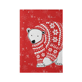 Обложка для паспорта матовая кожа с принтом Белый медведь в свитере в Курске, натуральная матовая кожа | размер 19,3 х 13,7 см; прозрачные пластиковые крепления | Тематика изображения на принте: red | snow | snowflakes | stars | sweater | white bear | winter | белый медведь | звезды | зима | красный | снег | снежинки