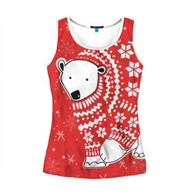 Женская майка 3D с принтом Белый медведь в свитере в Курске, 100% полиэстер | круглая горловина, прямой силуэт, длина до линии бедра | red | snow | snowflakes | stars | sweater | white bear | winter | белый медведь | звезды | зима | красный | снег | снежинки