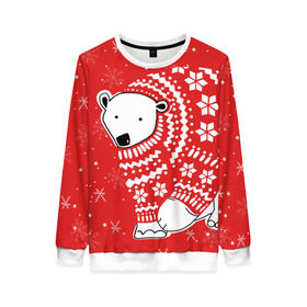 Женский свитшот 3D с принтом Белый медведь в свитере в Курске, 100% полиэстер с мягким внутренним слоем | круглый вырез горловины, мягкая резинка на манжетах и поясе, свободная посадка по фигуре | red | snow | snowflakes | stars | sweater | white bear | winter | белый медведь | звезды | зима | красный | снег | снежинки