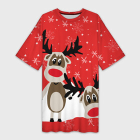 Платье-футболка 3D с принтом Олени в Курске,  |  | animals | background | deer | mountains | red | snow | snowflakes | stars | winter | горы | животные | звезды | зима | красный фон | олени | снег | снежинки