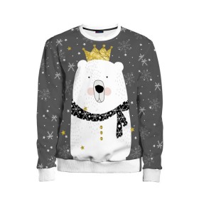 Детский свитшот 3D с принтом Белый медведь в короне в Курске, 100% полиэстер | свободная посадка, прямой крой, мягкая тканевая резинка на рукавах и понизу свитшота | Тематика изображения на принте: animal | bear | crown | gold | mountains | scarf | snow | snowflakes | stars | white | winter | белый | горы | животные | звезды | зима | золотая | корона | медведь | снег | снежинки | шарф