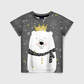 Детская футболка 3D с принтом Белый медведь в короне в Курске, 100% гипоаллергенный полиэфир | прямой крой, круглый вырез горловины, длина до линии бедер, чуть спущенное плечо, ткань немного тянется | animal | bear | crown | gold | mountains | scarf | snow | snowflakes | stars | white | winter | белый | горы | животные | звезды | зима | золотая | корона | медведь | снег | снежинки | шарф