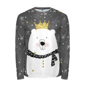 Мужской лонгслив 3D с принтом Белый медведь в короне в Курске, 100% полиэстер | длинные рукава, круглый вырез горловины, полуприлегающий силуэт | animal | bear | crown | gold | mountains | scarf | snow | snowflakes | stars | white | winter | белый | горы | животные | звезды | зима | золотая | корона | медведь | снег | снежинки | шарф