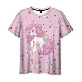 Мужская футболка 3D с принтом Единорог, в Курске, 100% полиэфир | прямой крой, круглый вырез горловины, длина до линии бедер | anime | bow | hair | horn | horse | pink | pony | star | unicorn | анимэ | бант | единорог | звезды | конь | кудри | лошадка | пони | рог | розовые