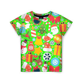 Детская футболка 3D с принтом Новогодняя текстура в Курске, 100% гипоаллергенный полиэфир | прямой крой, круглый вырез горловины, длина до линии бедер, чуть спущенное плечо, ткань немного тянется | Тематика изображения на принте: елка | елочные игрушки | зима | подарки | снеговик