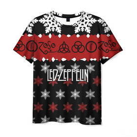 Мужская футболка 3D с принтом Праздничный Led Zeppelin в Курске, 100% полиэфир | прямой крой, круглый вырез горловины, длина до линии бедер | Тематика изображения на принте: led zeppelin | блюз | группа | джимми пейдж | джон генри бонэм | джон пол джонс | знак | красный | лед зепелен | лед зеппелин | метал | надпись | новогодний | новый год | праздник | роберт плант | рождество