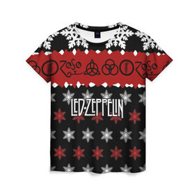 Женская футболка 3D с принтом Праздничный Led Zeppelin в Курске, 100% полиэфир ( синтетическое хлопкоподобное полотно) | прямой крой, круглый вырез горловины, длина до линии бедер | led zeppelin | блюз | группа | джимми пейдж | джон генри бонэм | джон пол джонс | знак | красный | лед зепелен | лед зеппелин | метал | надпись | новогодний | новый год | праздник | роберт плант | рождество