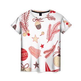 Женская футболка 3D с принтом Новогодняя текстура в Курске, 100% полиэфир ( синтетическое хлопкоподобное полотно) | прямой крой, круглый вырез горловины, длина до линии бедер | белый | елка | елочные игрушки | зима