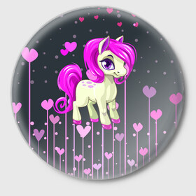 Значок с принтом Pony в Курске,  металл | круглая форма, металлическая застежка в виде булавки | Тематика изображения на принте: pink | poni | pony | лошадка | лошадь | пони | розовый