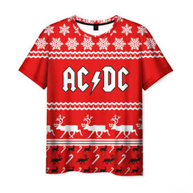 Мужская футболка 3D с принтом Праздничный AC/DC в Курске, 100% полиэфир | прямой крой, круглый вырез горловины, длина до линии бедер | Тематика изображения на принте: ac dc | acdc |   снежинки | ангус янг | ас дс | асдс | крис слэйд | новогодний | новый год | рождество | стиви янг | эксл роуз