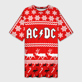 Платье-футболка 3D с принтом Праздничный AC DC в Курске,  |  | ac dc | acdc |   снежинки | ангус янг | ас дс | асдс | крис слэйд | новогодний | новый год | рождество | стиви янг | эксл роуз