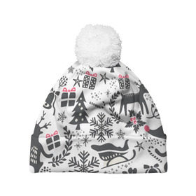 Шапка 3D c помпоном с принтом Дуx рождества в Курске, 100% полиэстер | универсальный размер, печать по всей поверхности изделия | год | елка | зима | колокольчик  | новый | олень | подарки | праздник | сани | снег | снежинки | узор