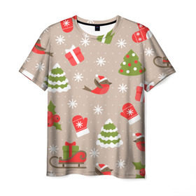 Мужская футболка 3D с принтом К нам стучится Новый год! в Курске, 100% полиэфир | прямой крой, круглый вырез горловины, длина до линии бедер | Тематика изображения на принте: воробей | воробьи | елка | зима | новый год | подарки | сани | санки | снег | узор