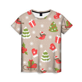 Женская футболка 3D с принтом К нам стучится Новый год! в Курске, 100% полиэфир ( синтетическое хлопкоподобное полотно) | прямой крой, круглый вырез горловины, длина до линии бедер | воробей | воробьи | елка | зима | новый год | подарки | сани | санки | снег | узор