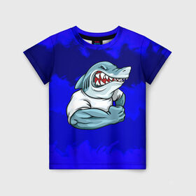 Детская футболка 3D с принтом aggressive shark в Курске, 100% гипоаллергенный полиэфир | прямой крой, круглый вырез горловины, длина до линии бедер, чуть спущенное плечо, ткань немного тянется | абстракция | акула | краски | синий | темносиний