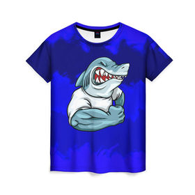 Женская футболка 3D с принтом aggressive shark в Курске, 100% полиэфир ( синтетическое хлопкоподобное полотно) | прямой крой, круглый вырез горловины, длина до линии бедер | абстракция | акула | краски | синий | темносиний