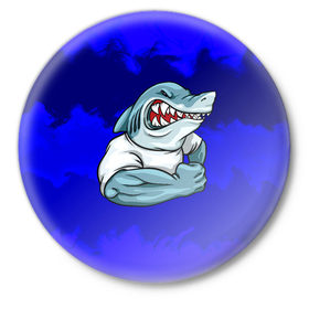 Значок с принтом aggressive shark в Курске,  металл | круглая форма, металлическая застежка в виде булавки | абстракция | акула | краски | синий | темносиний