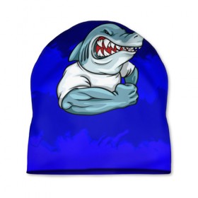 Шапка 3D с принтом aggressive shark в Курске, 100% полиэстер | универсальный размер, печать по всей поверхности изделия | абстракция | акула | краски | синий | темносиний