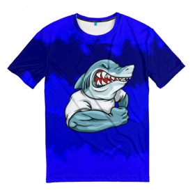 Мужская футболка 3D с принтом aggressive shark в Курске, 100% полиэфир | прямой крой, круглый вырез горловины, длина до линии бедер | абстракция | акула | краски | синий | темносиний