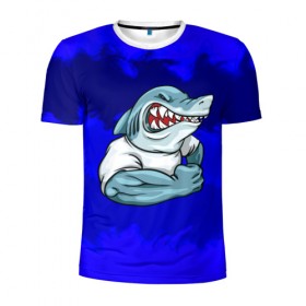 Мужская футболка 3D спортивная с принтом aggressive shark в Курске, 100% полиэстер с улучшенными характеристиками | приталенный силуэт, круглая горловина, широкие плечи, сужается к линии бедра | абстракция | акула | краски | синий | темносиний