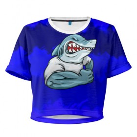 Женская футболка 3D укороченная с принтом aggressive shark в Курске, 100% полиэстер | круглая горловина, длина футболки до линии талии, рукава с отворотами | абстракция | акула | краски | синий | темносиний