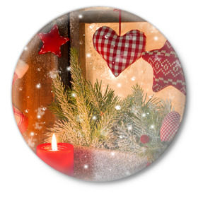 Значок с принтом Новогодняя сказка в Курске,  металл | круглая форма, металлическая застежка в виде булавки | елка | мягкие игрушки | новый год снег | свеча | снежинки
