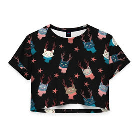 Женская футболка 3D укороченная с принтом Праздничный котик в Курске, 100% полиэстер | круглая горловина, длина футболки до линии талии, рукава с отворотами | елка | котик | новый год | рога | снег | снежинки