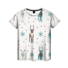 Женская футболка 3D с принтом Новогодний олень в Курске, 100% полиэфир ( синтетическое хлопкоподобное полотно) | прямой крой, круглый вырез горловины, длина до линии бедер | 
