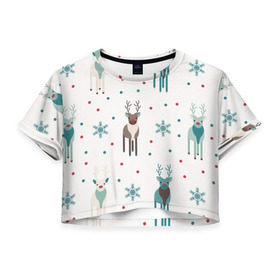 Женская футболка 3D укороченная с принтом Новогодний олень в Курске, 100% полиэстер | круглая горловина, длина футболки до линии талии, рукава с отворотами | 