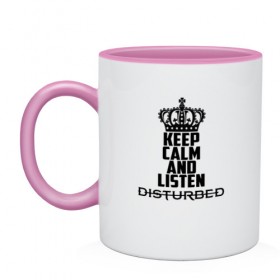 Кружка двухцветная с принтом Keep calm and listen Disturbed в Курске, керамика | объем — 330 мл, диаметр — 80 мм. Цветная ручка и кайма сверху, в некоторых цветах — вся внутренняя часть | Тематика изображения на принте: disturbed | альтернативный | встревоженные | группа | джон мойер | дистербд | дистербед | дэвид дрейман | дэн дониган | майк венгрен | метал | монстр | ню | нюметал | рога | рок | хеви | хевиметал