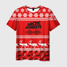 Мужская футболка 3D с принтом Arctic Monkeys в Курске, 100% полиэфир | прямой крой, круглый вырез горловины, длина до линии бедер | arc | алекс тёрнер | арктик | арктические | гаражный | группа | джейми кук | знак | инди | красный | манкис | мартышки | музыка | надпись | ник о мэлли | новогодний | новый год | обезьяна | постпанк
