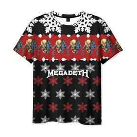 Мужская футболка 3D с принтом Праздничный Megadeth в Курске, 100% полиэфир | прямой крой, круглый вырез горловины, длина до линии бедер | Тематика изображения на принте: me | megadeth | группа | дирк вербурен | дэвид эллефсон | дэйв мастейн | знак | кико лоурейро | красный | мегадет | метал | надпись | новогодний | новый год | праздник | рождество | рок | снежинки | трэш