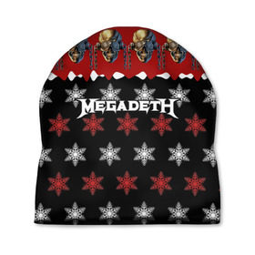 Шапка 3D с принтом Праздничный Megadeth в Курске, 100% полиэстер | универсальный размер, печать по всей поверхности изделия | me | megadeth | группа | дирк вербурен | дэвид эллефсон | дэйв мастейн | знак | кико лоурейро | красный | мегадет | метал | надпись | новогодний | новый год | праздник | рождество | рок | снежинки | трэш