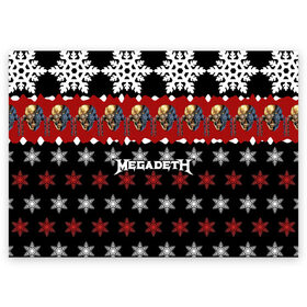 Поздравительная открытка с принтом Праздничный Megadeth в Курске, 100% бумага | плотность бумаги 280 г/м2, матовая, на обратной стороне линовка и место для марки
 | me | megadeth | группа | дирк вербурен | дэвид эллефсон | дэйв мастейн | знак | кико лоурейро | красный | мегадет | метал | надпись | новогодний | новый год | праздник | рождество | рок | снежинки | трэш