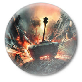 Значок с принтом Танки в Курске,  металл | круглая форма, металлическая застежка в виде булавки | взрыв | военные действия | война | вторая мировая | огонь | поле битвы | поле брани | самолет | танки