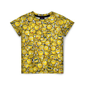Детская футболка 3D с принтом Веселые смайлики в Курске, 100% гипоаллергенный полиэфир | прямой крой, круглый вырез горловины, длина до линии бедер, чуть спущенное плечо, ткань немного тянется | emoji | smile | желтый | круглый | лица | паттерн | смайл | улыбка | эмоции