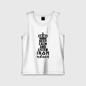 Детская майка хлопок с принтом Keep calm and listen IM в Курске,  |  | Тематика изображения на принте: iron maiden | адриан смит | айрон мейден | гроза | группа | дэйв мюррей | железная дева | ирон майден | метал | мрачный | музыка | песни | рок | стив харрис | тяжелый | флаг | хеви | хевиметал